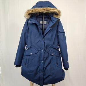 Eddie Bauer WeatherEdge Herringbone Down Parka Women’s M Navy Faux Fur Hood